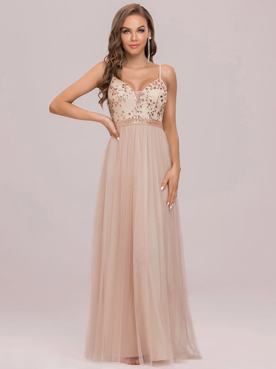 Color=Blush | Spaghetti Straps Sleeveless Deep V Paillette Floor-Length Tulle Evening Dress-Blush 6