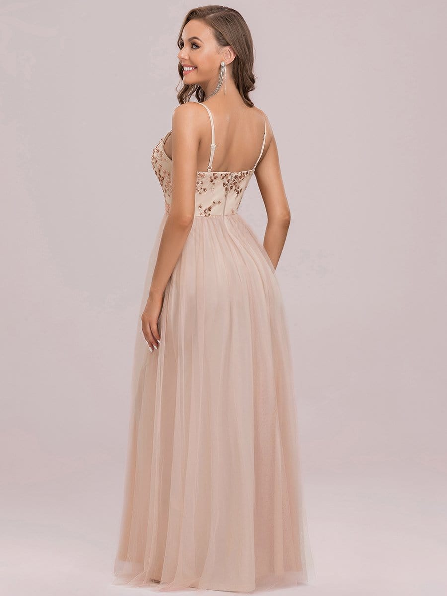 Color=Blush | Spaghetti Straps Sleeveless Deep V Paillette Floor-Length Tulle Evening Dress-Blush 7