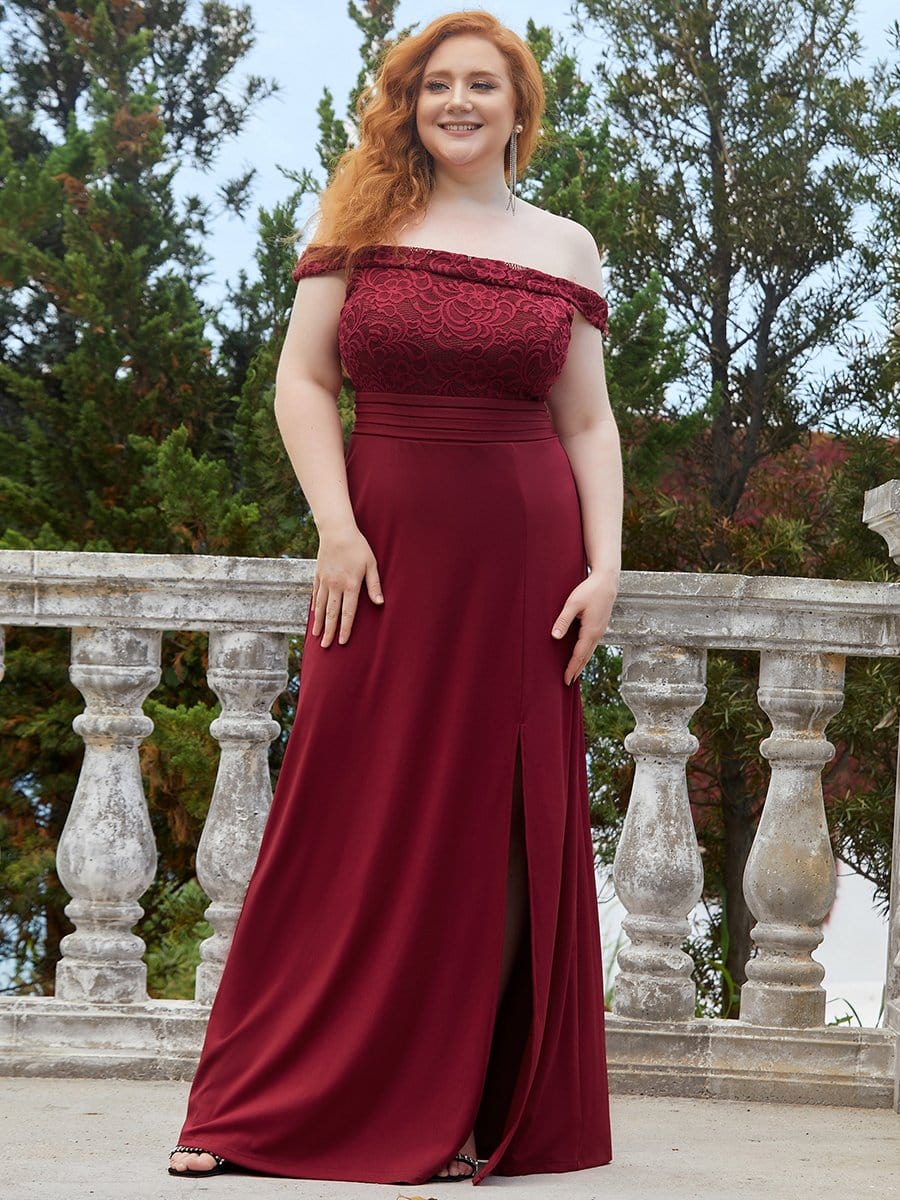 Color=Burgundy | Elegant Plus Size Off-Shoulder Embroidered Floor-Length Slit Evening Dress-Burgundy 1