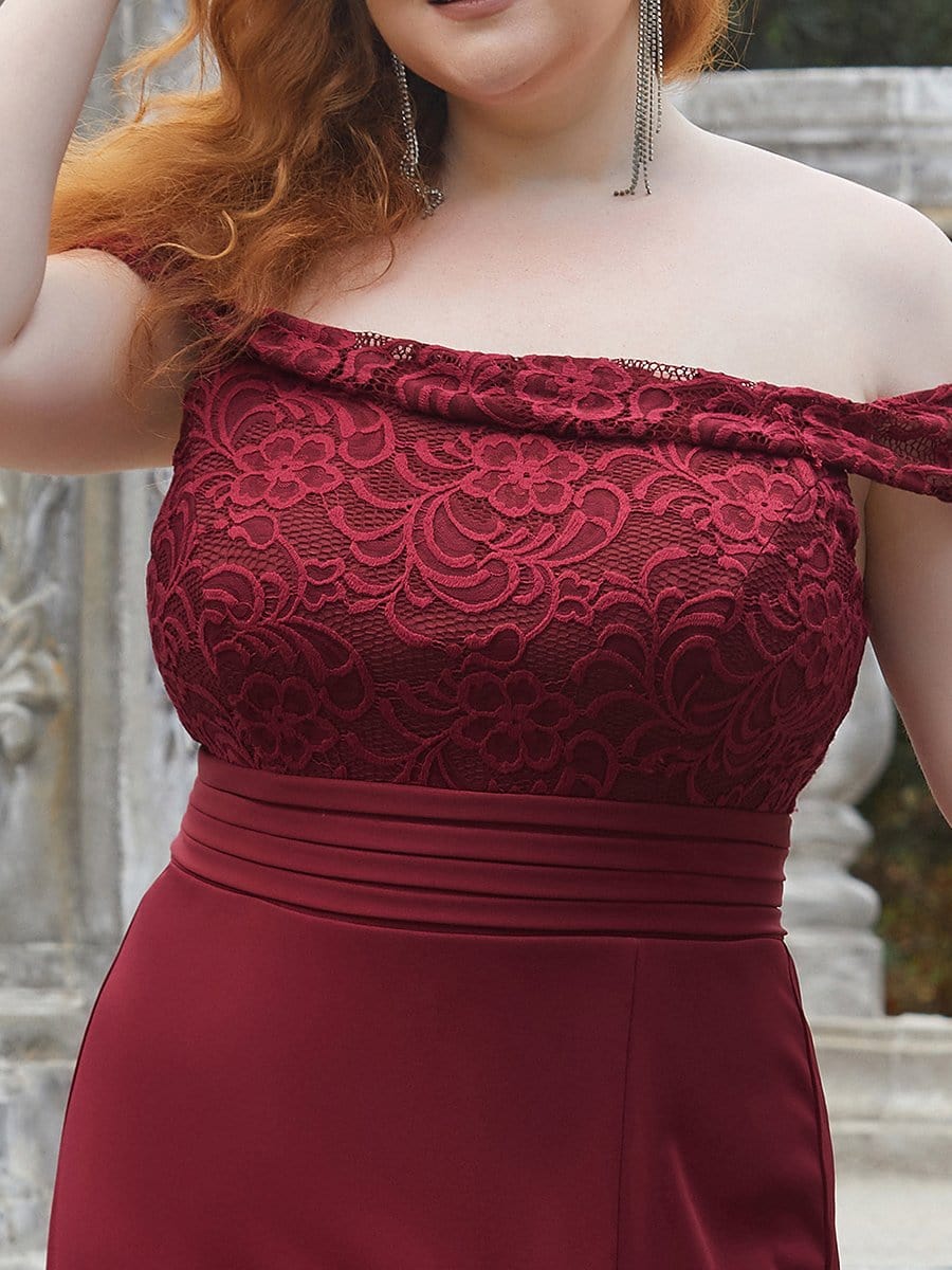 Color=Burgundy | Elegant Plus Size Off-Shoulder Embroidered Floor-Length Slit Evening Dress-Burgundy 4