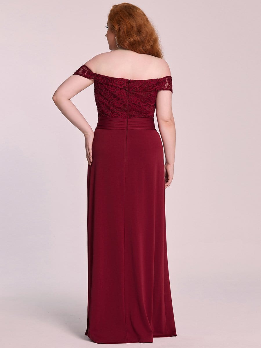 Color=Burgundy | Elegant Plus Size Off-Shoulder Embroidered Floor-Length Slit Evening Dress-Burgundy 5