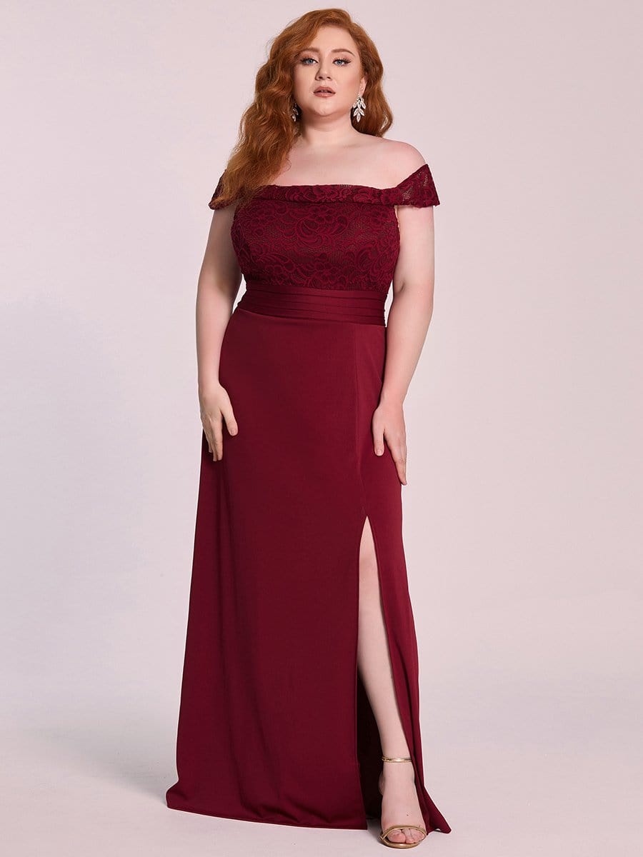 Color=Burgundy | Elegant Plus Size Off-Shoulder Embroidered Floor-Length Slit Evening Dress-Burgundy 3