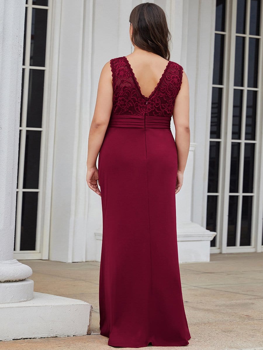 Color=Burgundy | Plus Size V Neck Lace Long Mermaid Evening Dress-Burgundy 2