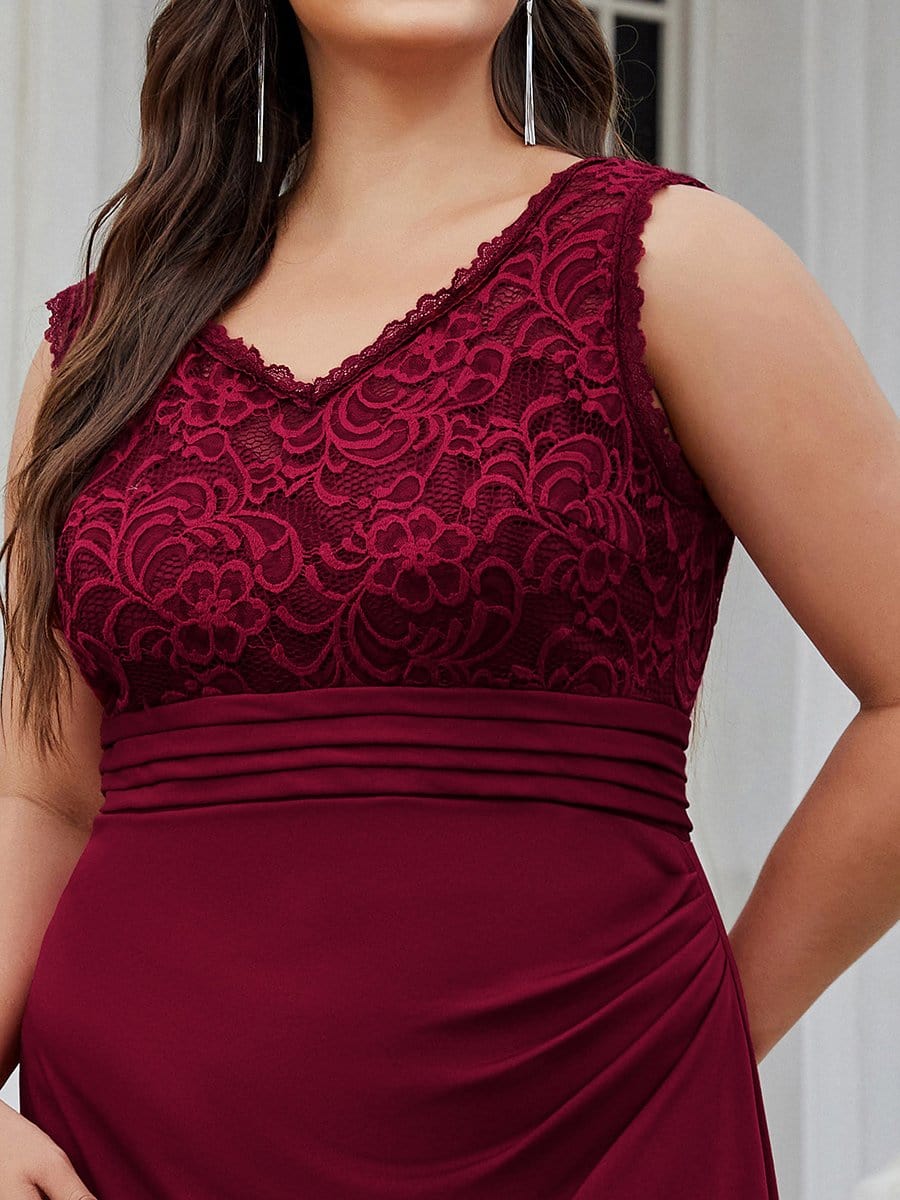 Color=Burgundy | Plus Size V Neck Lace Long Mermaid Evening Dress-Burgundy 4