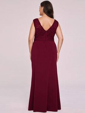 Color=Burgundy | Plus Size V Neck Lace Long Mermaid Evening Dress-Burgundy 5