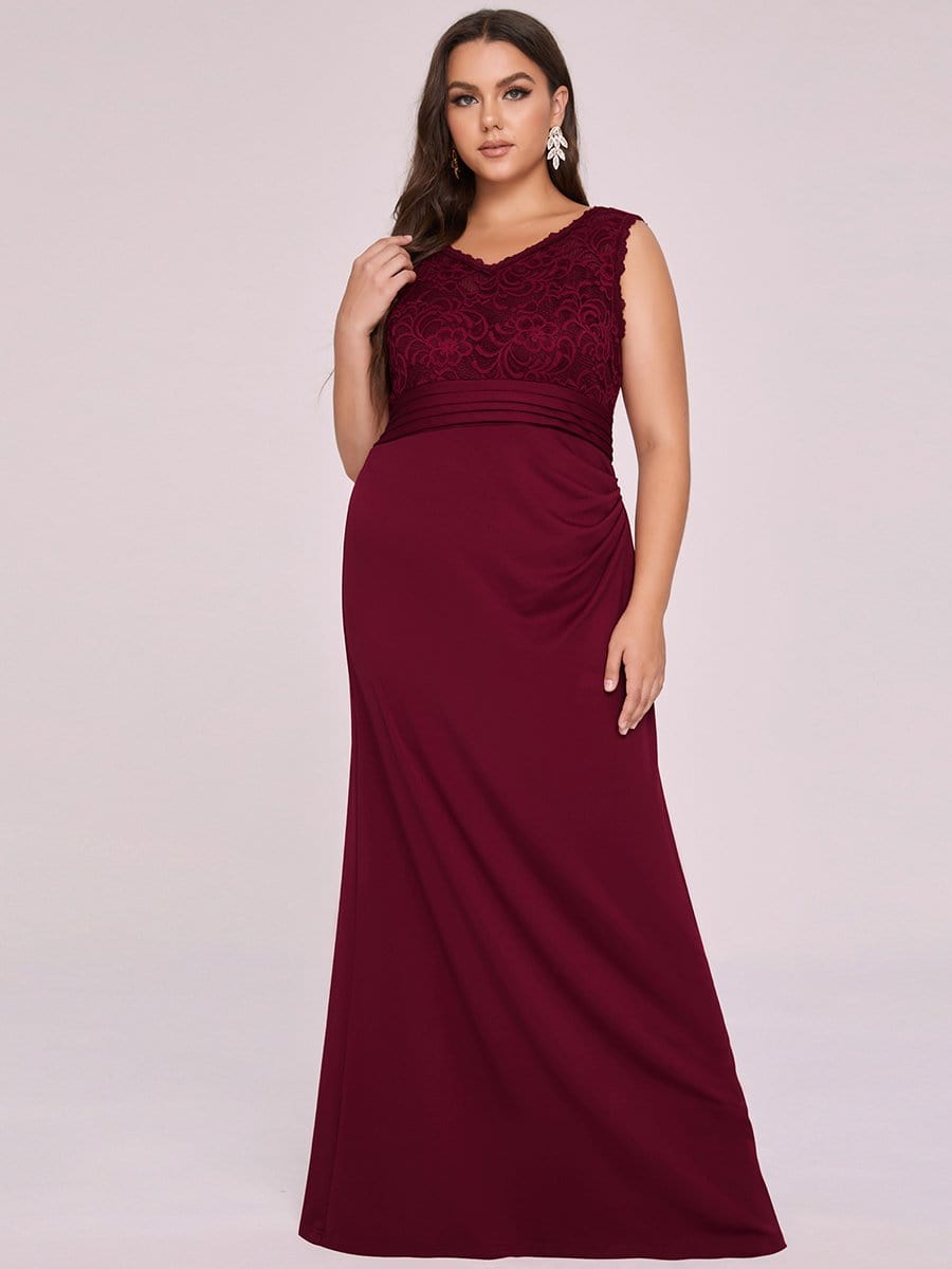 Color=Burgundy | Plus Size V Neck Lace Long Mermaid Evening Dress-Burgundy 3