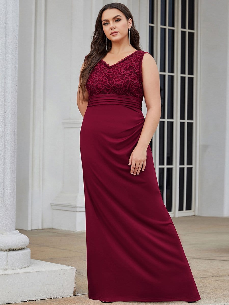 Color=Burgundy | Plus Size V Neck Lace Long Mermaid Evening Dress-Burgundy 1