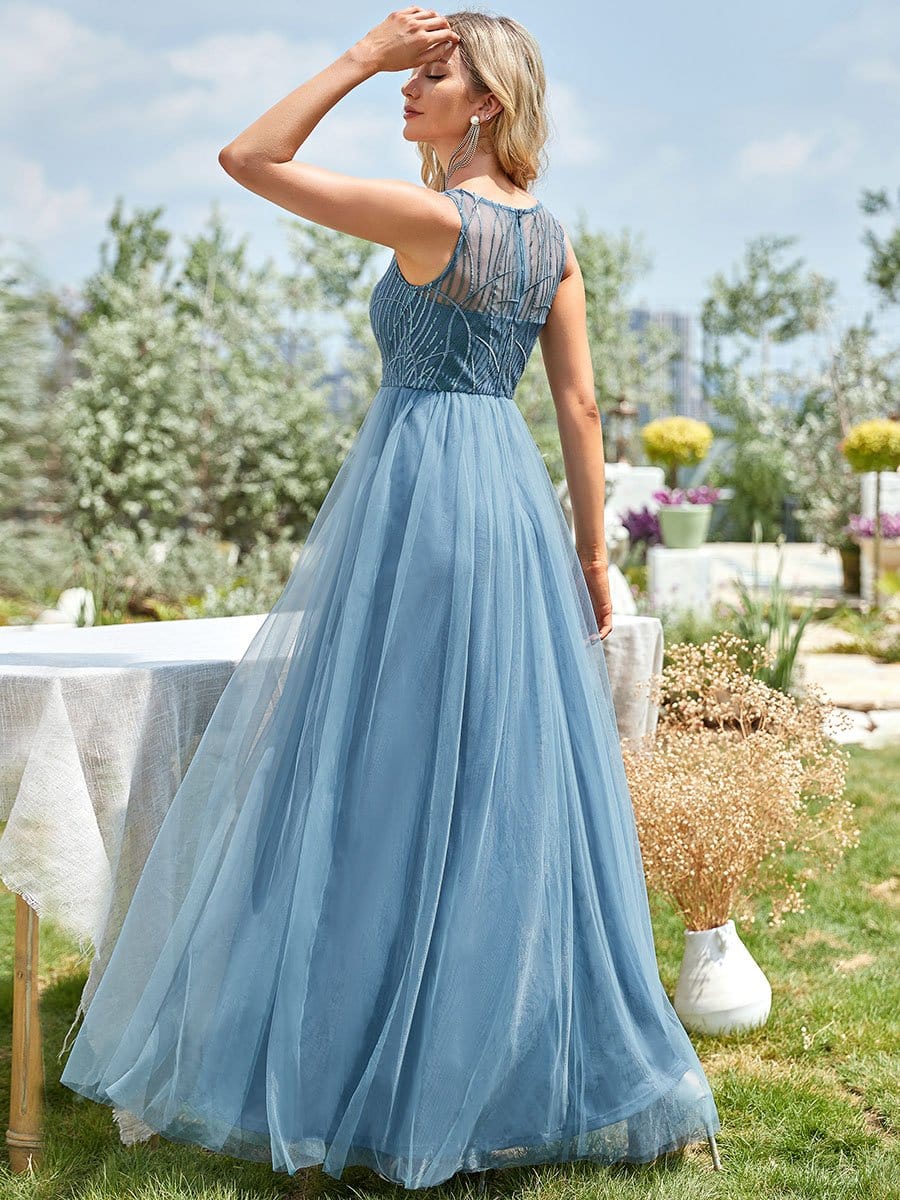 Color=Dusty Navy | Sexy See-Through Round Neck Paillette Floor-Length Tulle Evening Dress-Dusty Navy 2