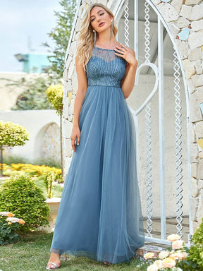 Color=Dusty Navy | Sexy See-Through Round Neck Paillette Floor-Length Tulle Evening Dress-Dusty Navy 5