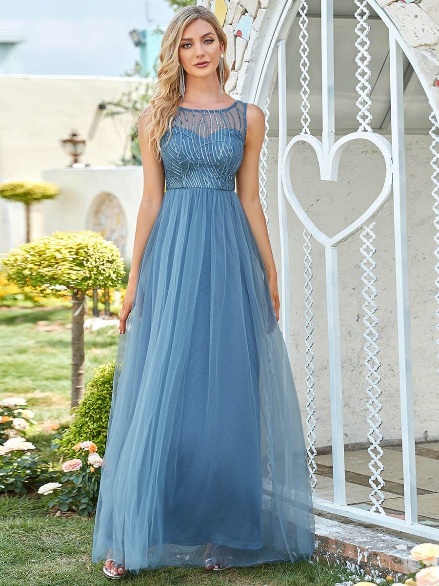 Color=Dusty Navy | Sexy See-Through Round Neck Paillette Floor-Length Tulle Evening Dress-Dusty Navy 4