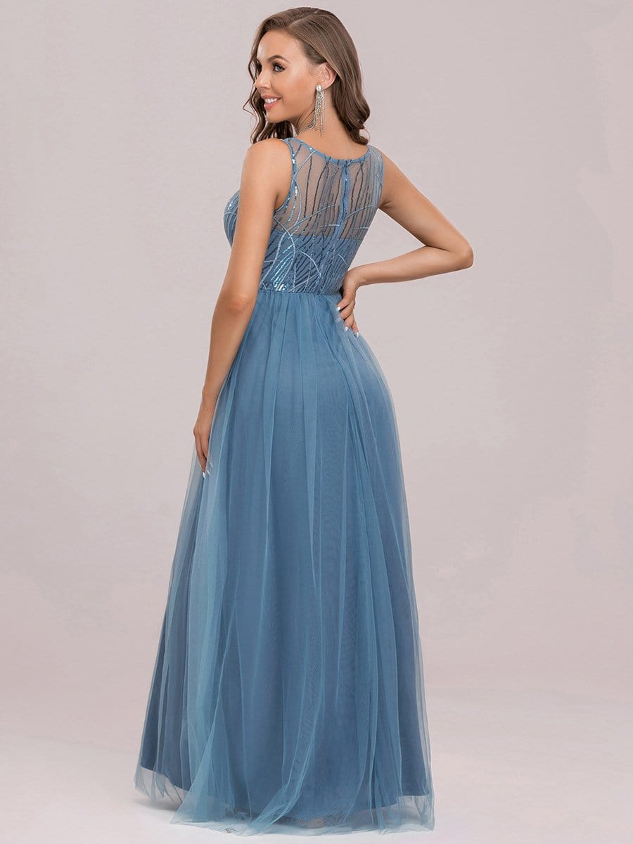 Color=Dusty Navy | Sexy See-Through Round Neck Paillette Floor-Length Tulle Evening Dress-Dusty Navy 7