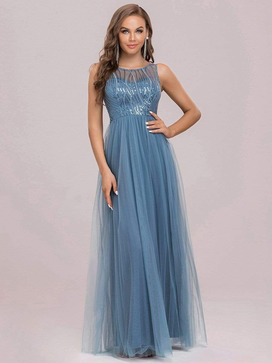 Color=Dusty Navy | Sexy See-Through Round Neck Paillette Floor-Length Tulle Evening Dress-Dusty Navy 6