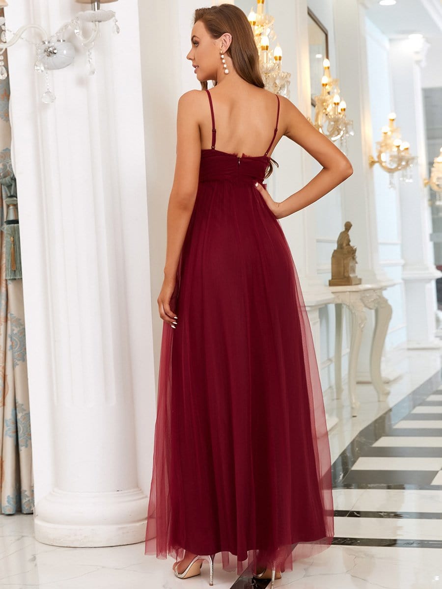 Color=Burgundy | Goegeous V-Neck Spaghetti Straps Tulle Maxi Evening Dress-Burgundy 2