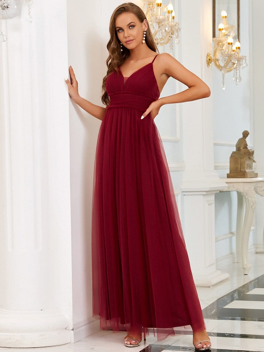 Color=Burgundy | Goegeous V-Neck Spaghetti Straps Tulle Maxi Evening Dress-Burgundy 5