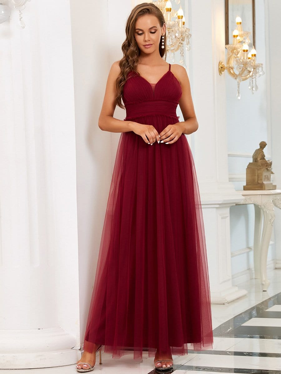 Color=Burgundy | Goegeous V-Neck Spaghetti Straps Tulle Maxi Evening Dress-Burgundy 3