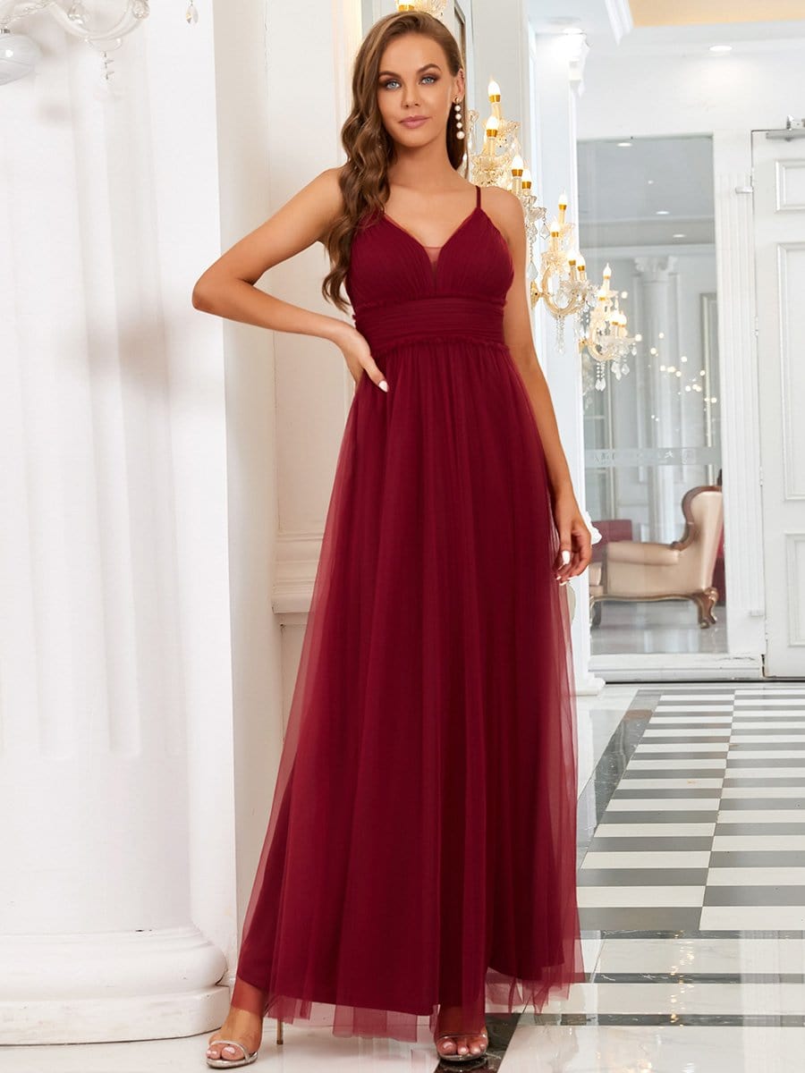 Color=Burgundy | Goegeous V-Neck Spaghetti Straps Tulle Maxi Evening Dress-Burgundy 1