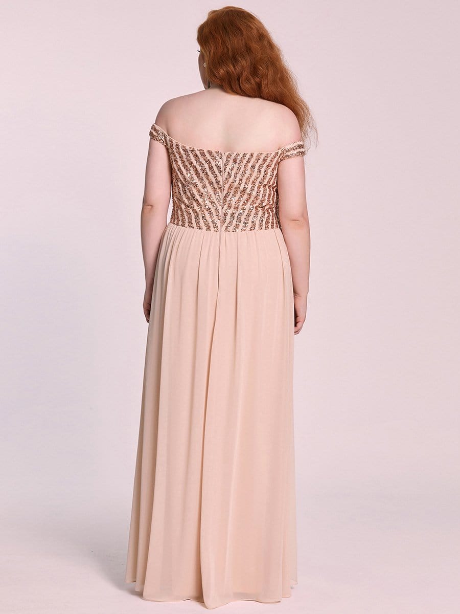 Color=Blush | Elegant A-Line Plus Size Off The Shoulder Paillette Maxi Evening Dress-Blush 5