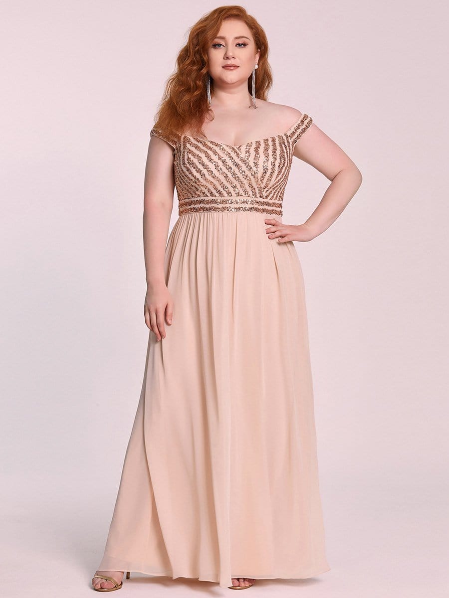 Color=Blush | Elegant A-Line Plus Size Off The Shoulder Paillette Maxi Evening Dress-Blush 3