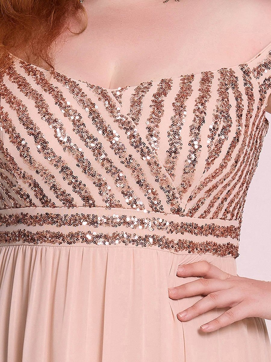 Color=Blush | Elegant A-Line Plus Size Off The Shoulder Paillette Maxi Evening Dress-Blush 4