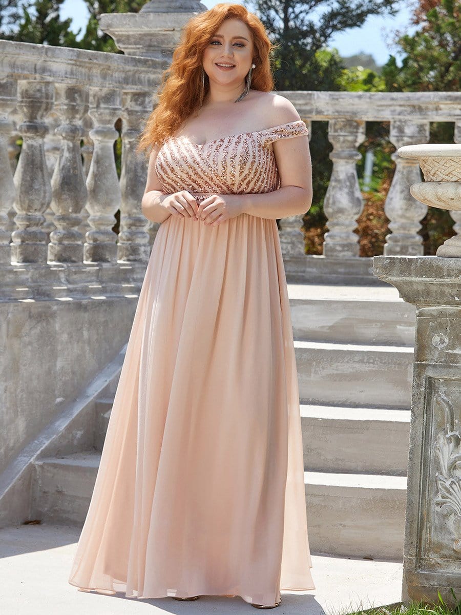 Color=Blush | Elegant A-Line Plus Size Off The Shoulder Paillette Maxi Evening Dress-Blush 1