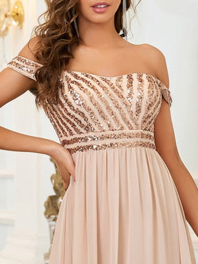Color=Blush | A-Line Off Shoulder Shining Paillette Floor Length Evening Dress-Blush 4