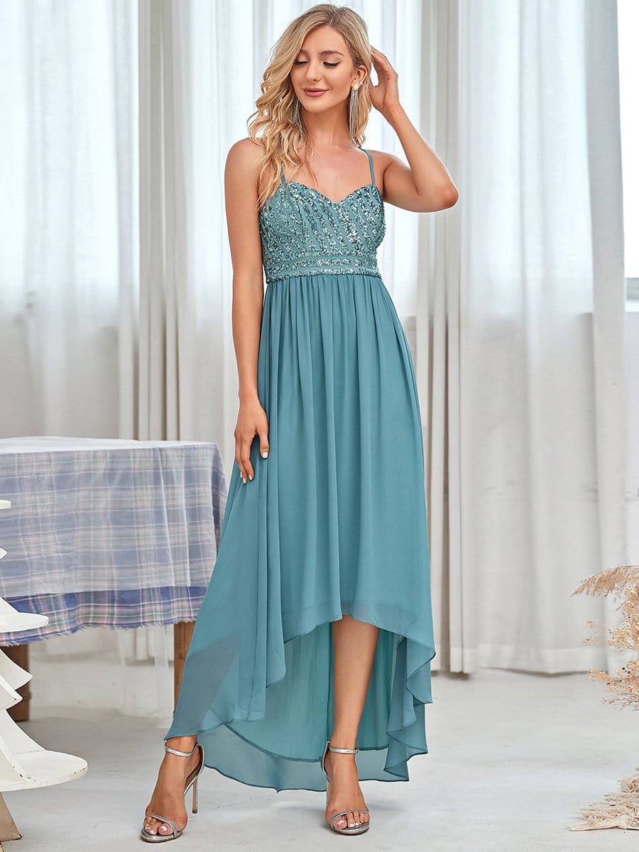 Color=Dusty blue | Chiffon And Sequin Asymmetrical Midrib Layer Skirt Sweetheart Evening Dress-Dusty Blue 4