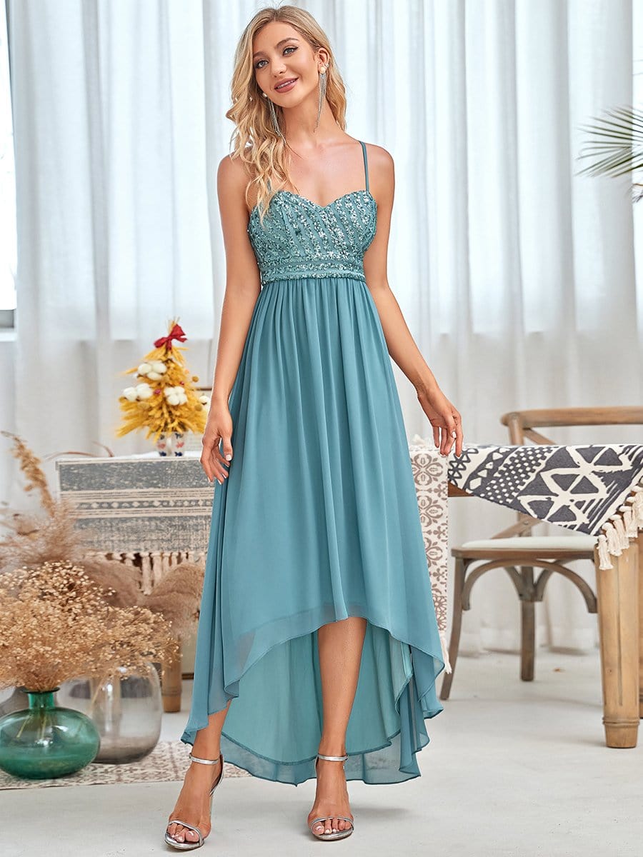 Color=Dusty blue | Chiffon And Sequin Asymmetrical Midrib Layer Skirt Sweetheart Evening Dress-Dusty Blue 5