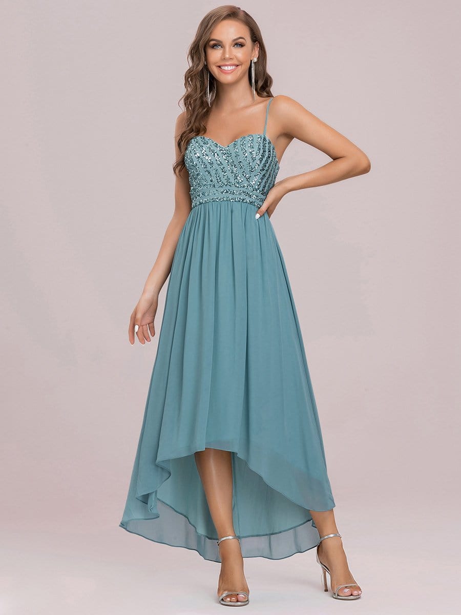 Color=Dusty blue | Chiffon And Sequin Asymmetrical Midrib Layer Skirt Sweetheart Evening Dress-Dusty Blue 6