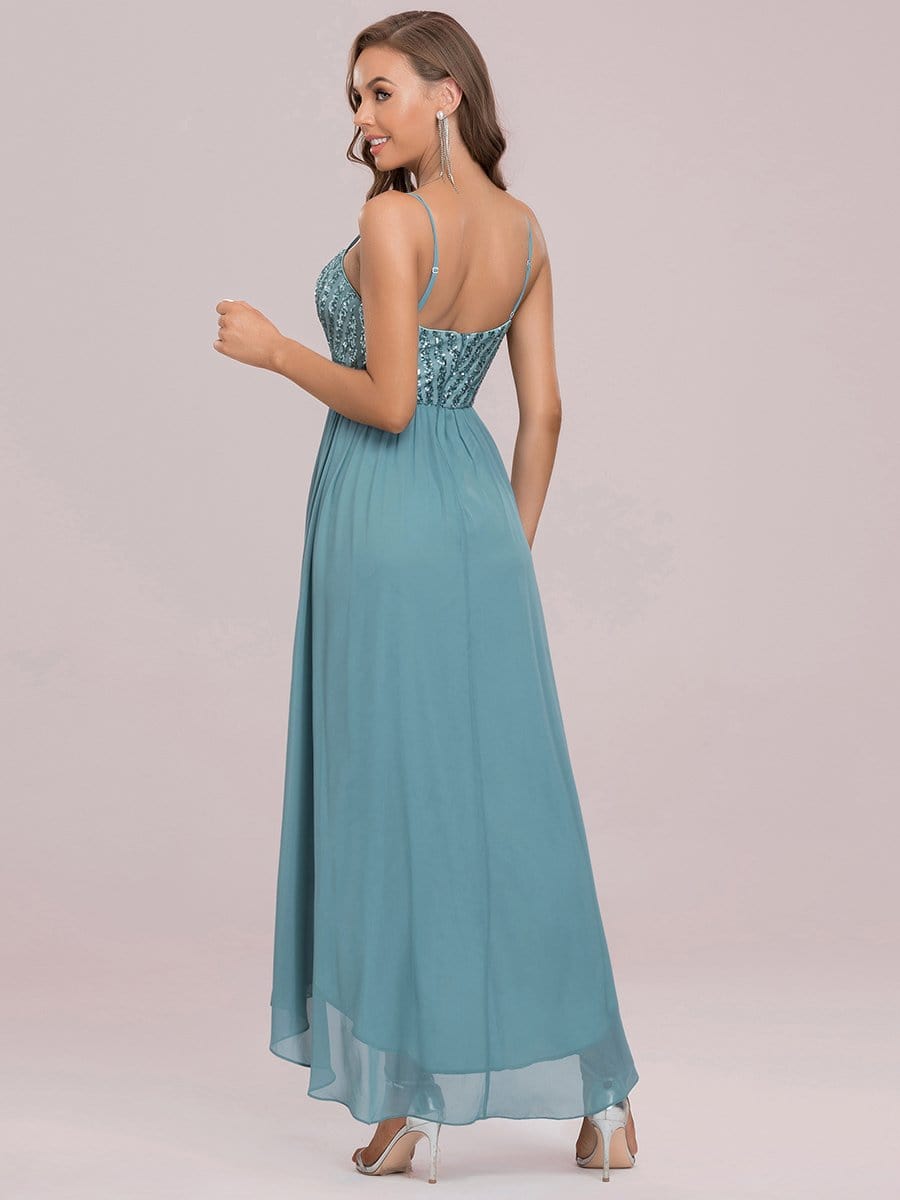 Color=Dusty blue | Chiffon And Sequin Asymmetrical Midrib Layer Skirt Sweetheart Evening Dress-Dusty Blue 7