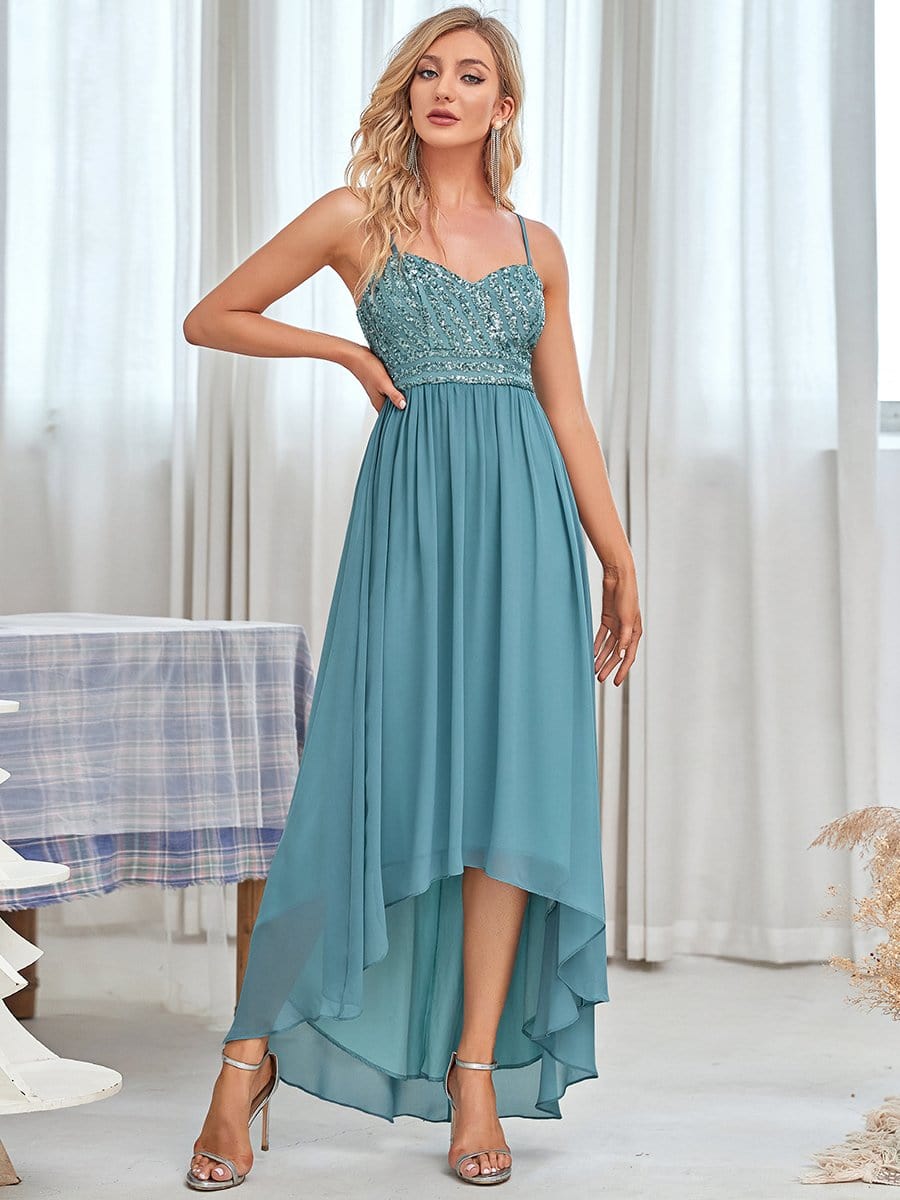 Color=Dusty blue | Chiffon And Sequin Asymmetrical Midrib Layer Skirt Sweetheart Evening Dress-Dusty Blue 1