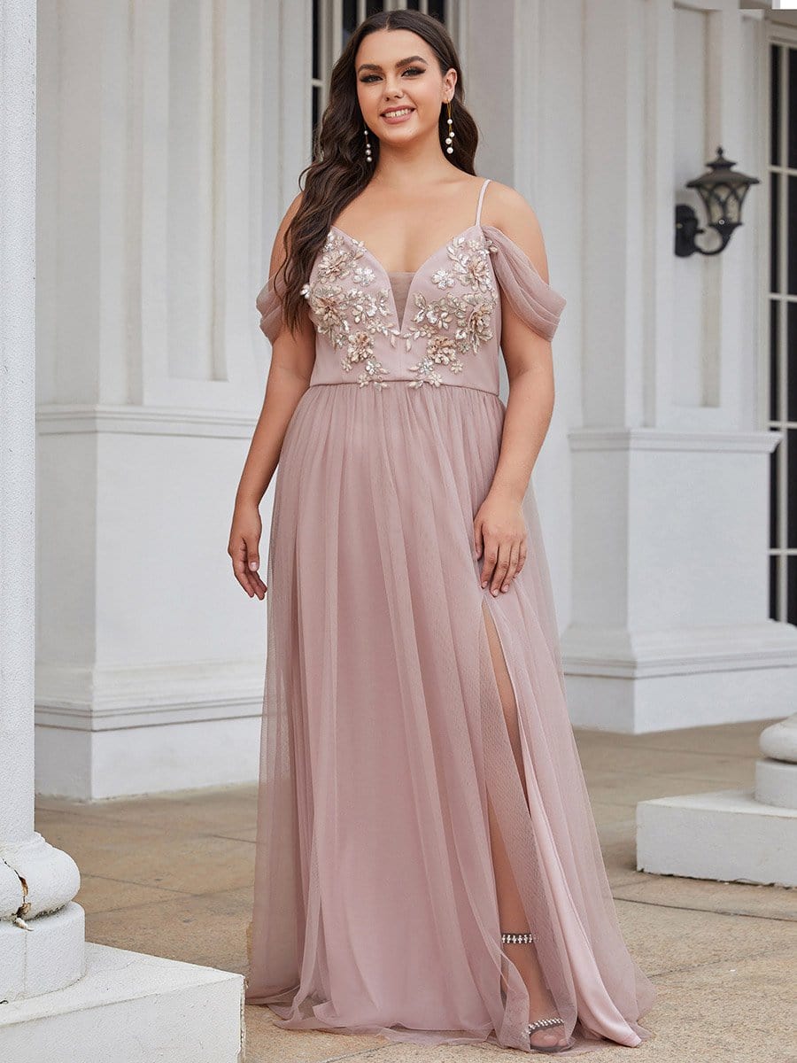 Color=Pink | Plus Size V Neck Spaghetti Straps Applique Evening Dress-Pink 1