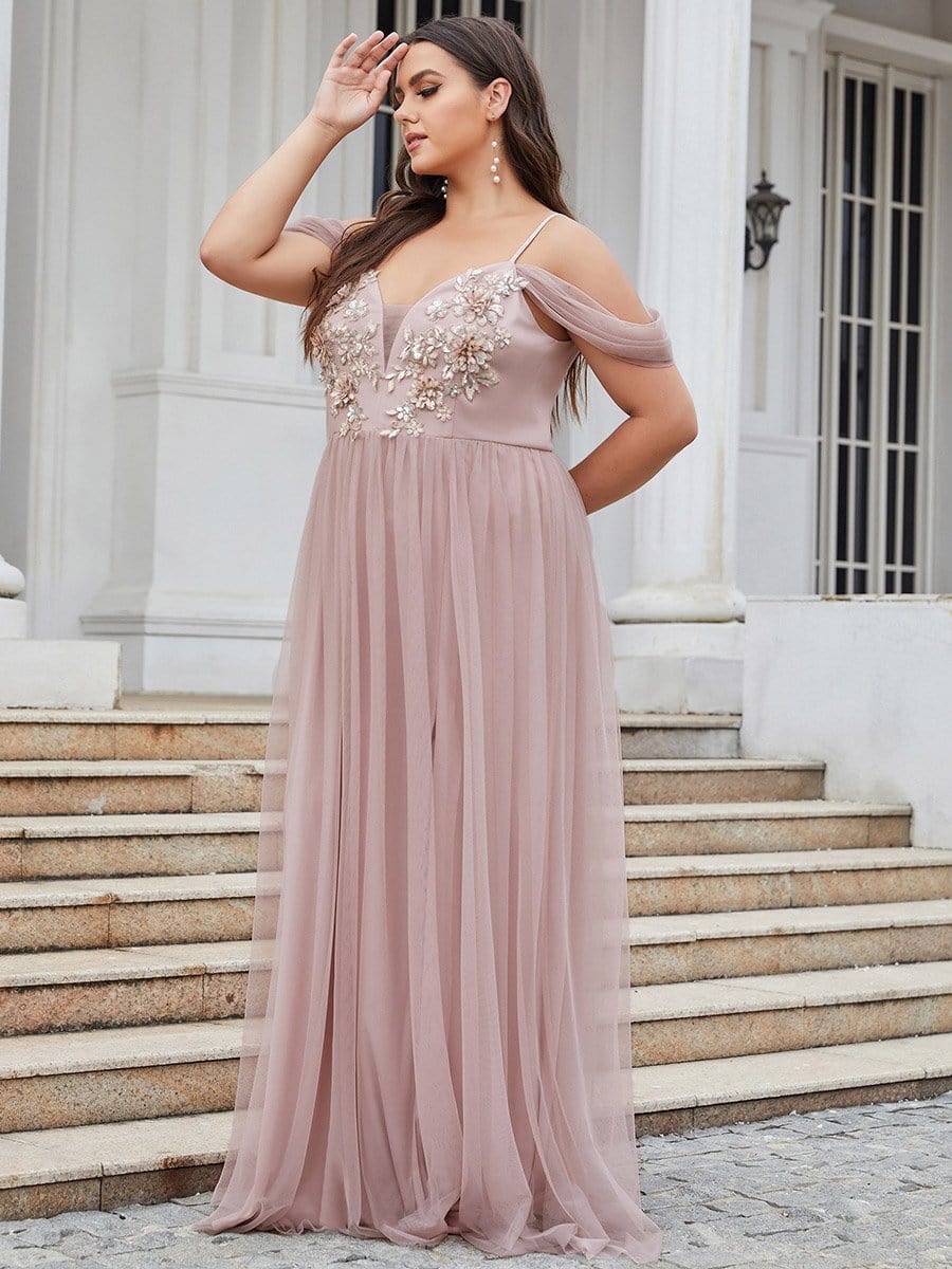 Color=Pink | Plus Size V Neck Spaghetti Straps Applique Evening Dress-Pink 2