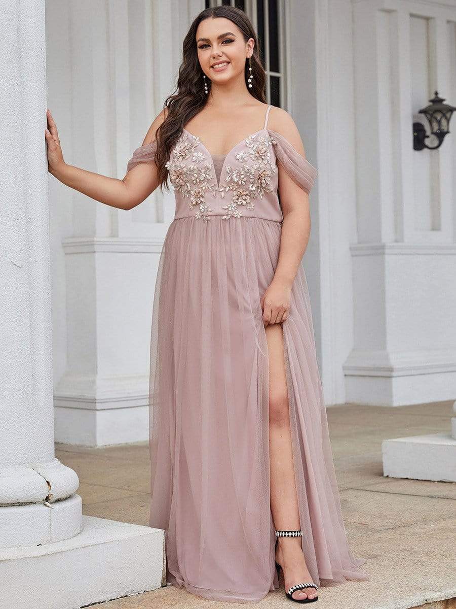 Color=Pink | Stunning Applique V Neck Maxi Evening Dress-Pink 6