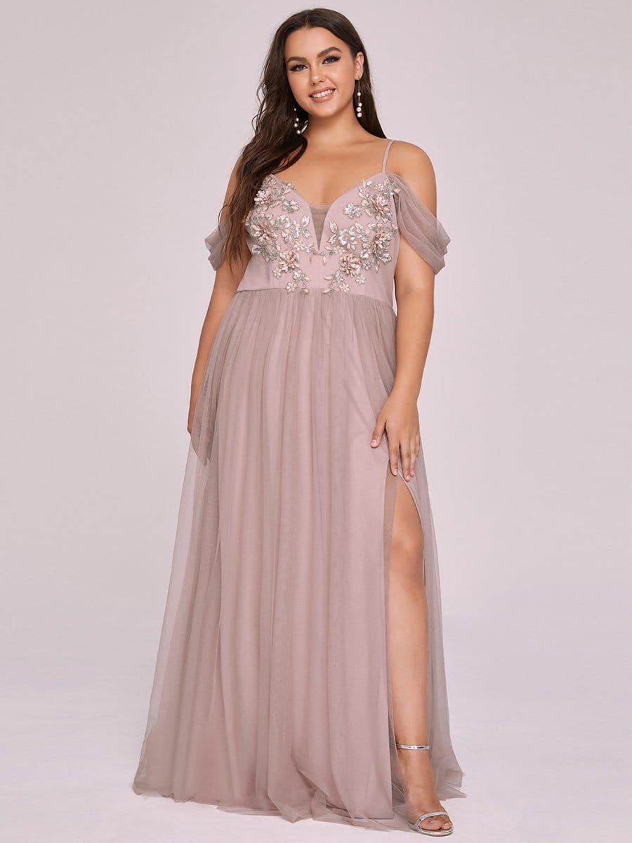 Color=Pink | Plus Size V Neck Spaghetti Straps Applique Evening Dress-Pink 3