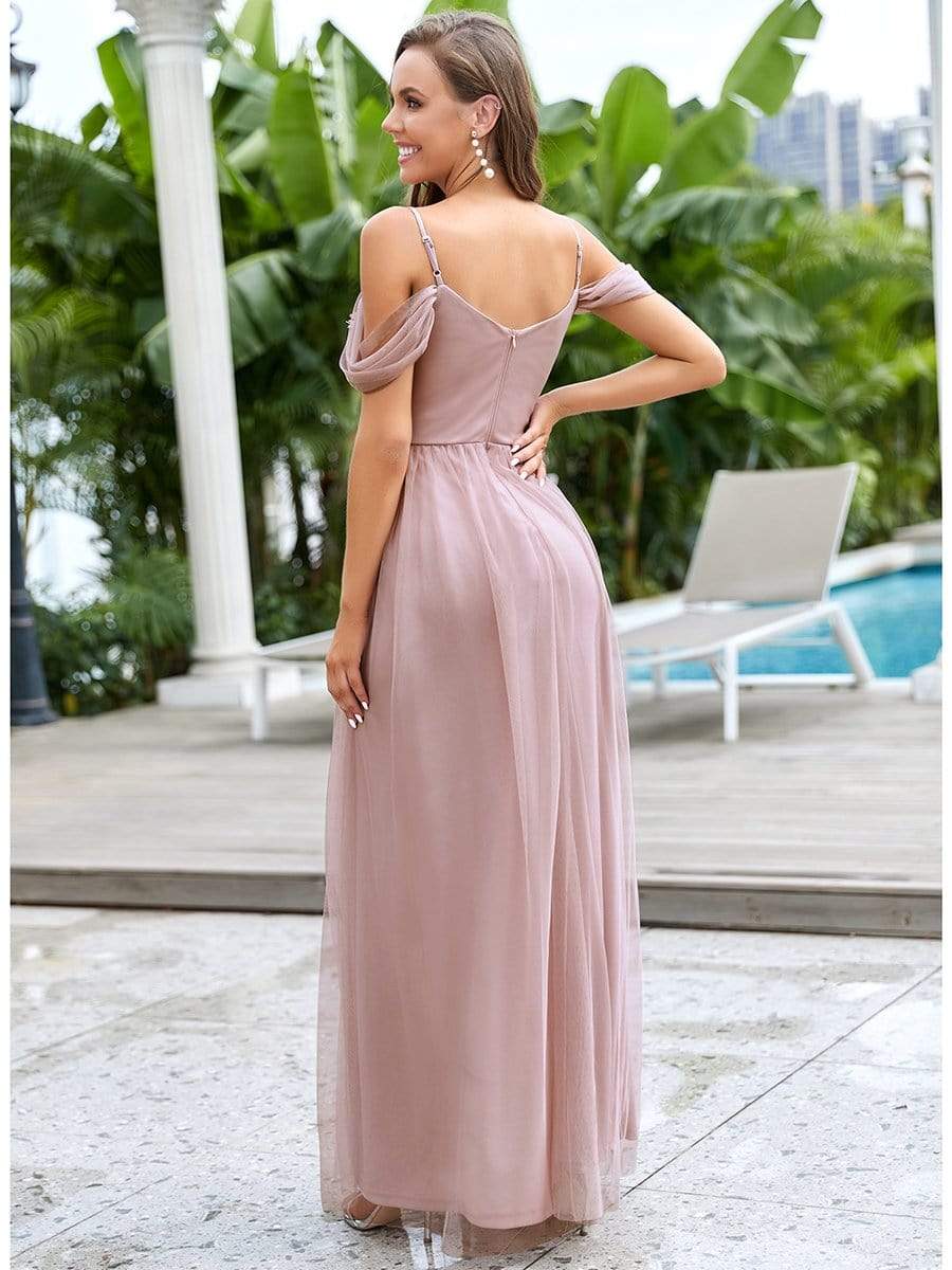 Color=Pink | Stunning Applique V Neck Maxi Evening Dress-Pink 2