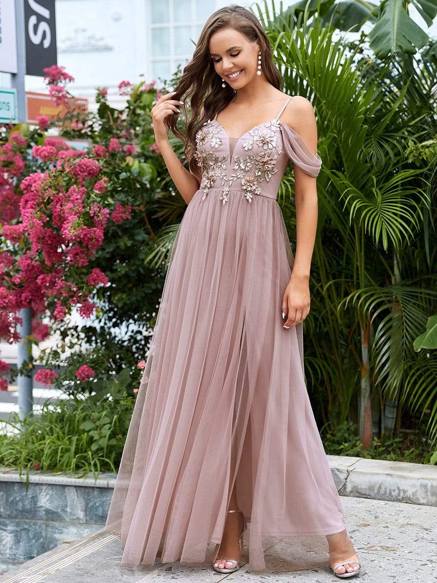 Color=Pink | Stunning Applique V Neck Maxi Evening Dress-Pink 3