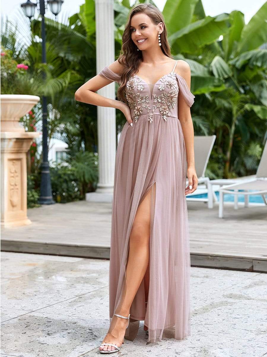 Color=Pink | Stunning Applique V Neck Maxi Evening Dress-Pink 5