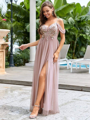 Color=Pink | Stunning Applique V Neck Maxi Evening Dress-Pink 1