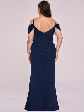 Color=Navy Blue | Plus Size Shining V Neck Cold Shoulder Split Long Evening Dress-Navy Blue 5