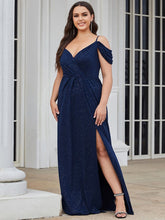 Color=Navy Blue | Plus Size Shining V Neck Cold Shoulder Split Long Evening Dress-Navy Blue 1