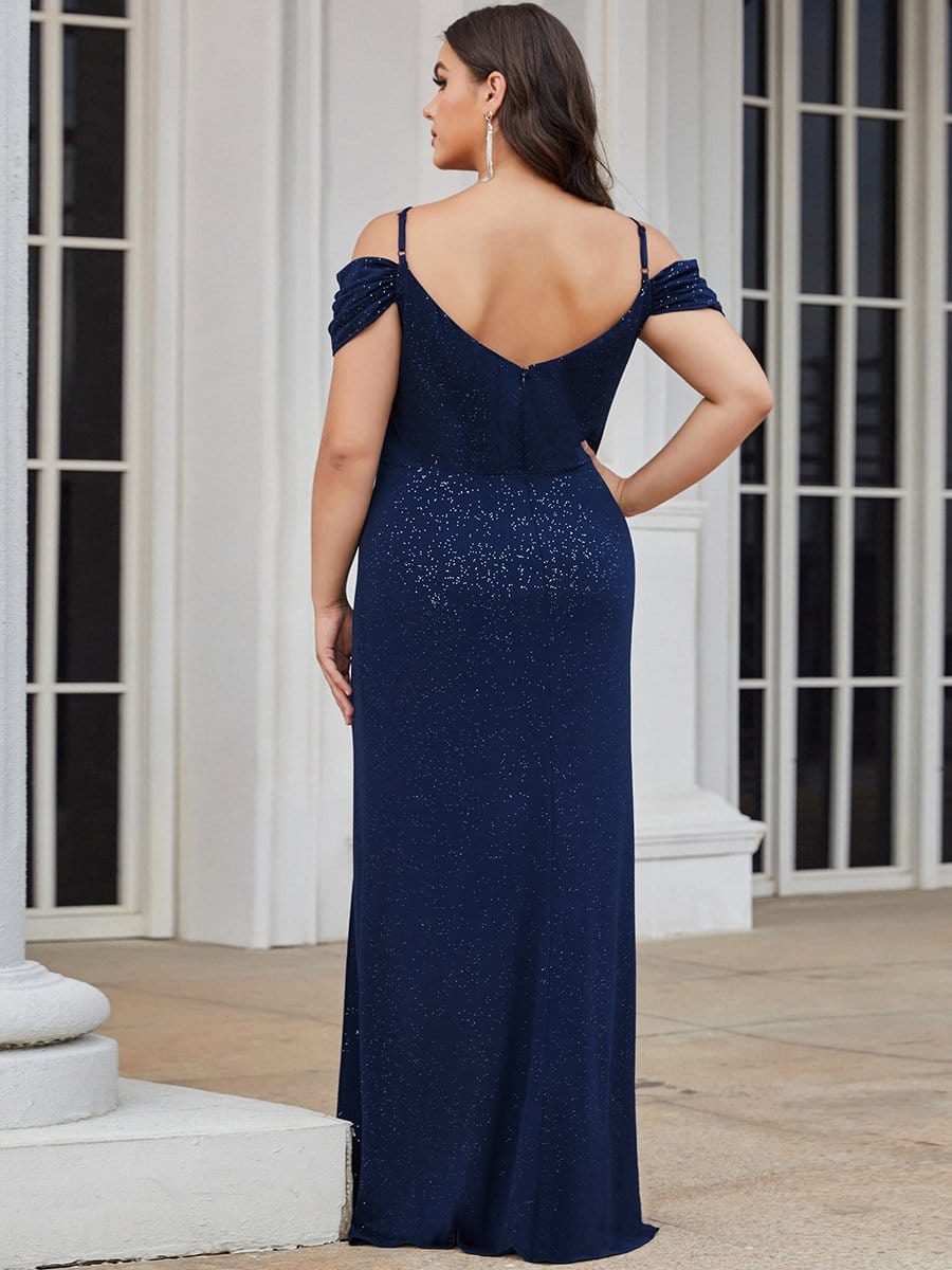 Color=Navy Blue | Plus Size Shining V Neck Cold Shoulder Split Long Evening Dress-Navy Blue 2