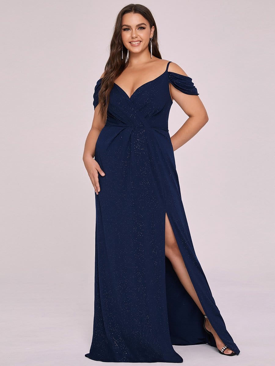 Color=Navy Blue | Plus Size Shining V Neck Cold Shoulder Split Long Evening Dress-Navy Blue 3