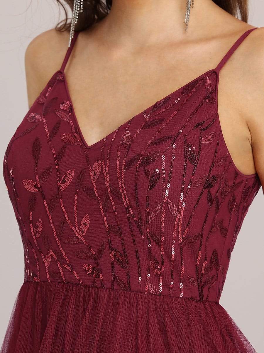 Color=Burgundy | V Neck Spaghetti Strap Embroidered Floor Length Evening Dress-Burgundy 8