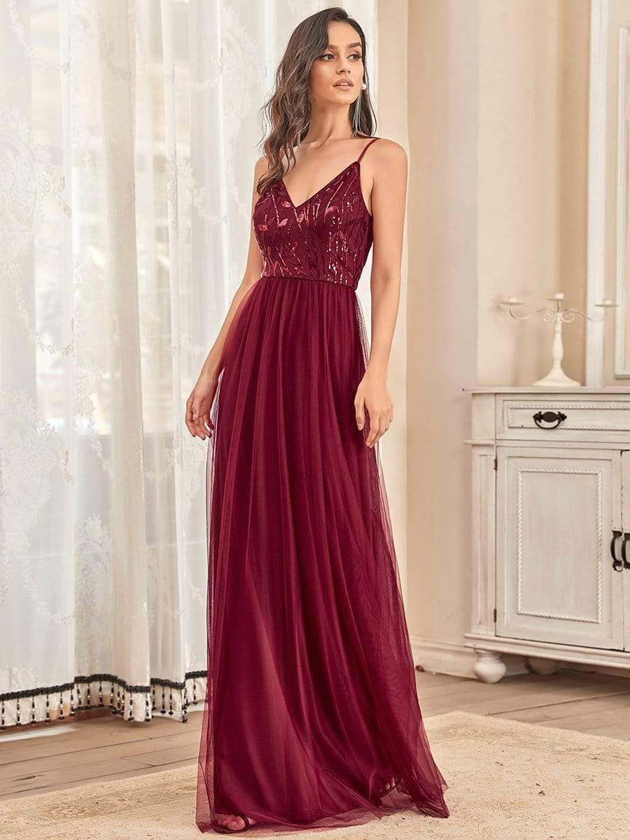 Color=Burgundy | V Neck Spaghetti Strap Embroidered Floor Length Evening Dress-Burgundy 5