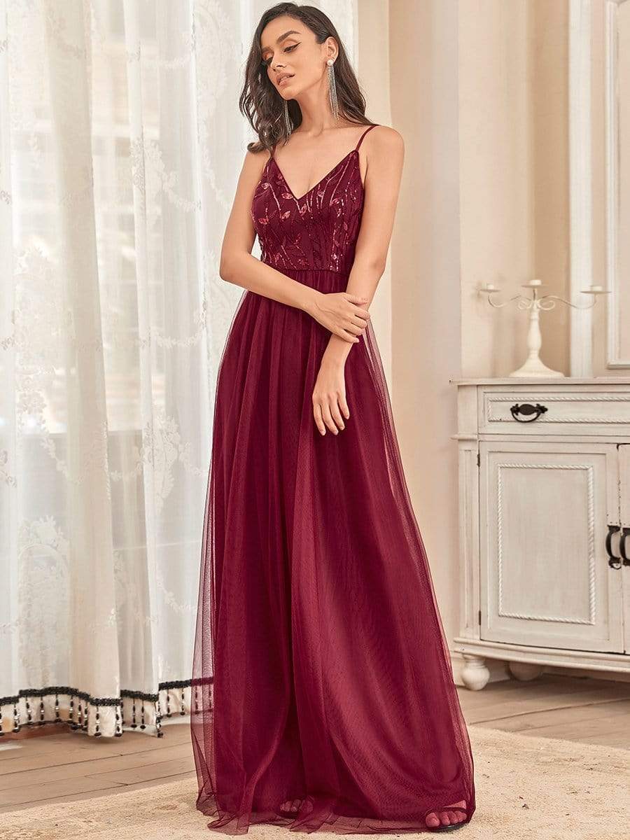 Color=Burgundy | V Neck Spaghetti Strap Embroidered Floor Length Evening Dress-Burgundy 3