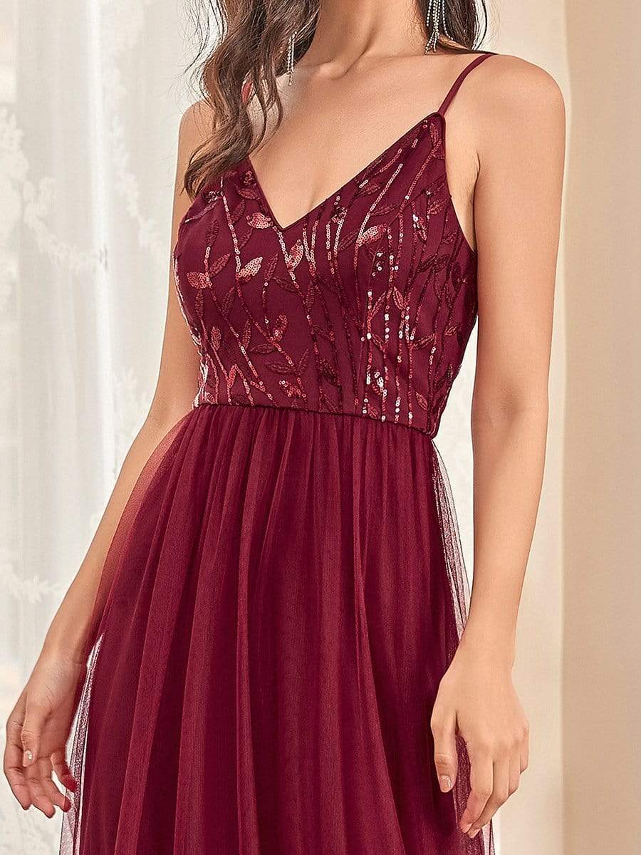 Color=Burgundy | V Neck Spaghetti Strap Embroidered Floor Length Evening Dress-Burgundy 4