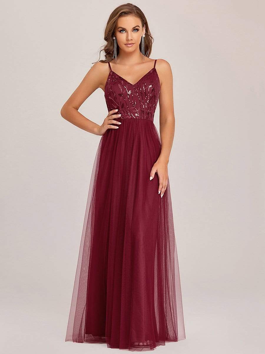 Color=Burgundy | V Neck Spaghetti Strap Embroidered Floor Length Evening Dress-Burgundy 6