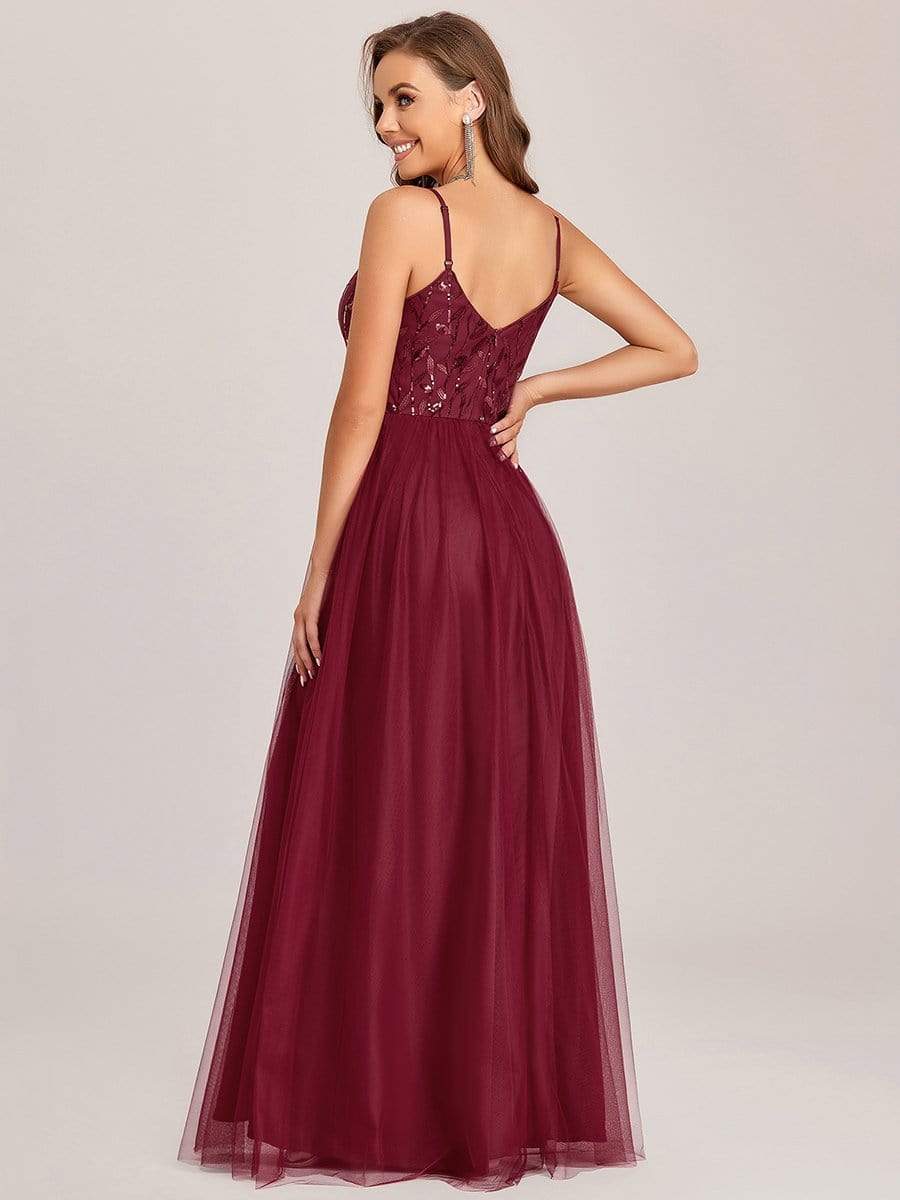 Color=Burgundy | V Neck Spaghetti Strap Embroidered Floor Length Evening Dress-Burgundy 7