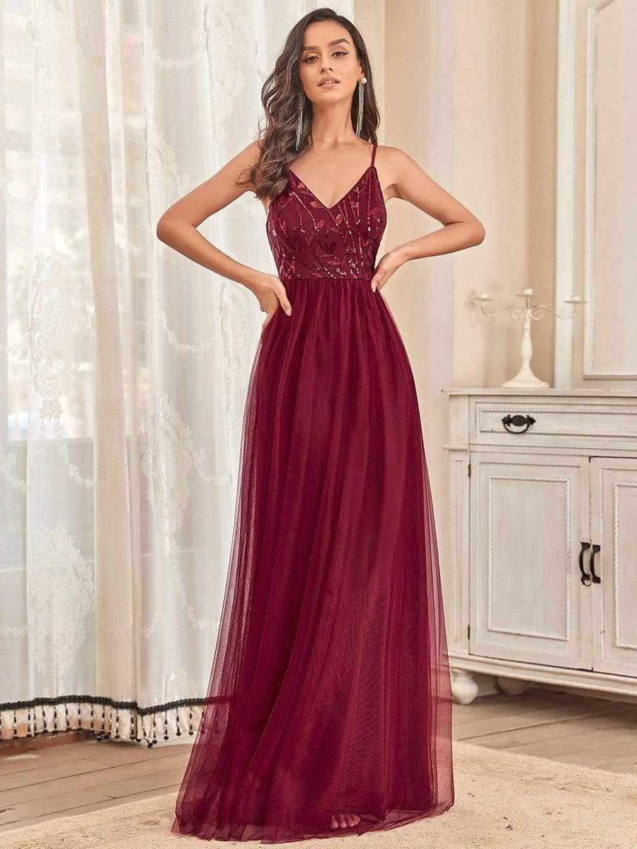 Color=Burgundy | V Neck Spaghetti Strap Embroidered Floor Length Evening Dress-Burgundy 1