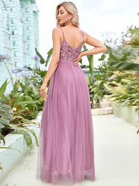 Color=Purple Orchid | Sleeveless Spaghetti Strap V Neck Embroidered Floor Length Evening Dress-Purple Orchid 2